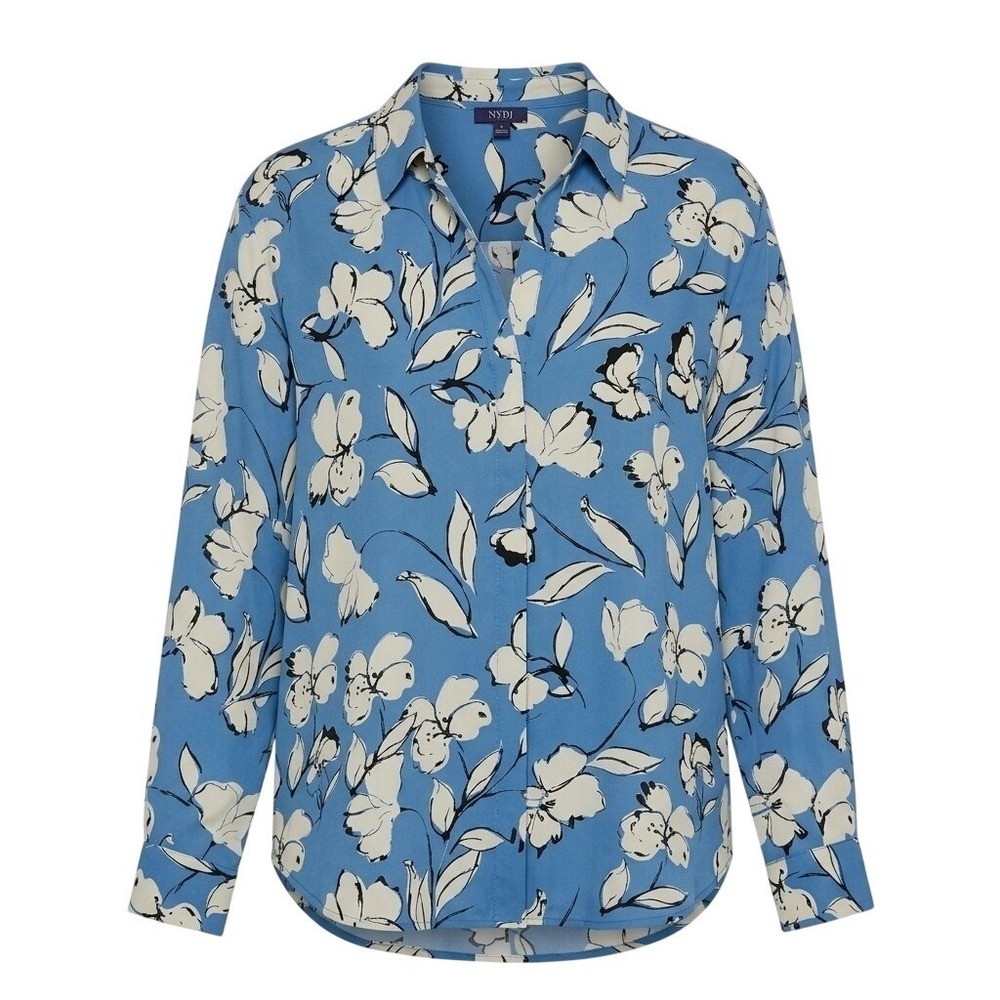 NYDJ Blouse Women 2X Blue Floral Long Sleeve V-Neck WGGT4254